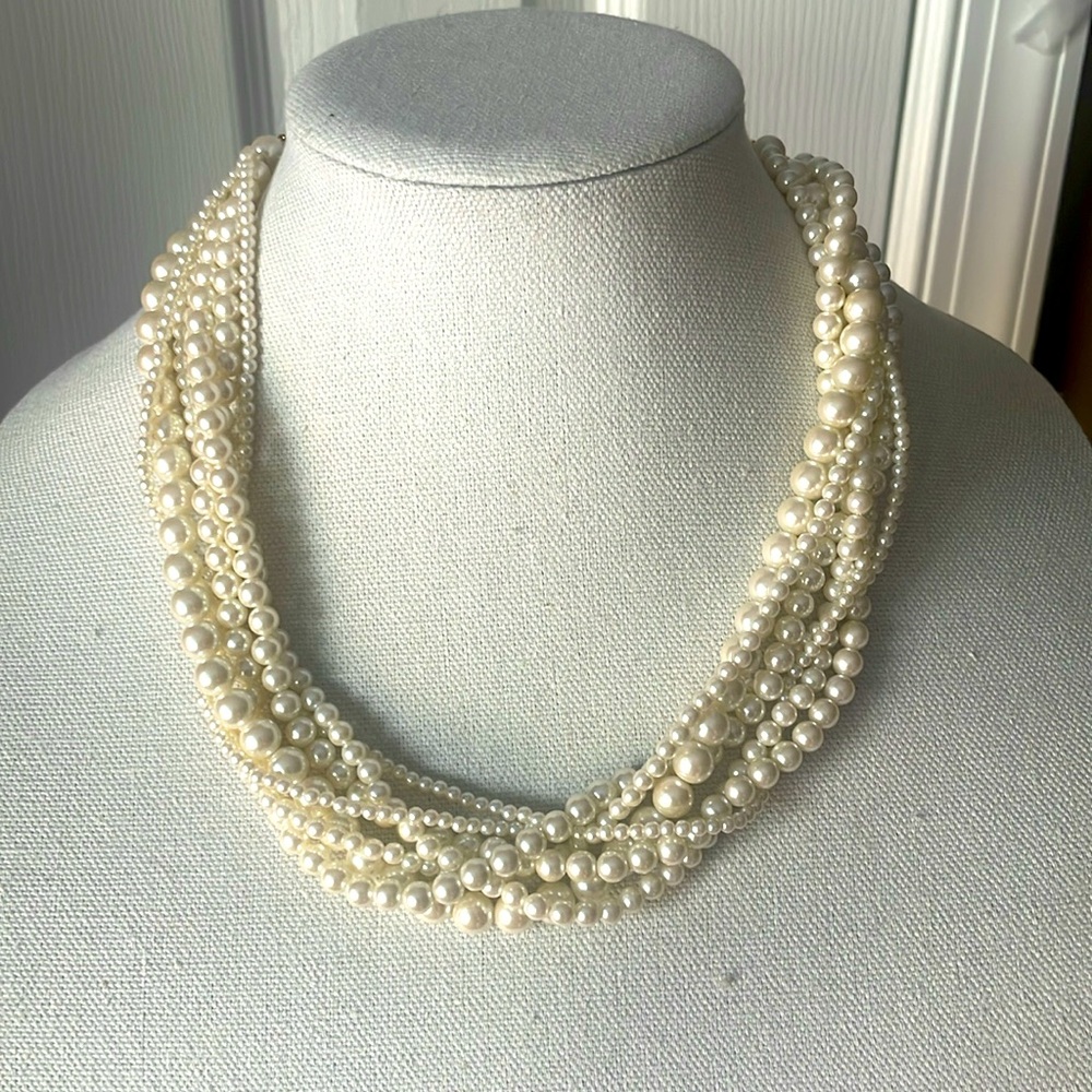 Vintage Carolee Pearl 7 Strand Statement Necklace w/ Gold Hook & Eye Clasp. RARE